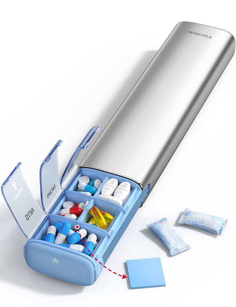 Vaydeer 7 Day Weekly Pill Organizer Support 2 Times a Day Metal Travel Pill Case Large Capacity Daily Cute Pill Box for Supplements Pills Vitamins and Medication Sliver